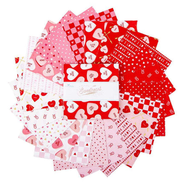 Image of the Sweetheart 5 inch stacker by My Minds Eye for Riley Blake Designs. Features valentines day fabrics with red, pink, and cream backgrounds. 
Cute Little Fabric Shop