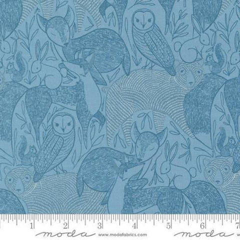 Woodland Wonder Main Sky quilting cotton fabric by Gingiber for Moda Fabrics. Features animals sketched on a blue background. 
Cute Little Fabric Shop