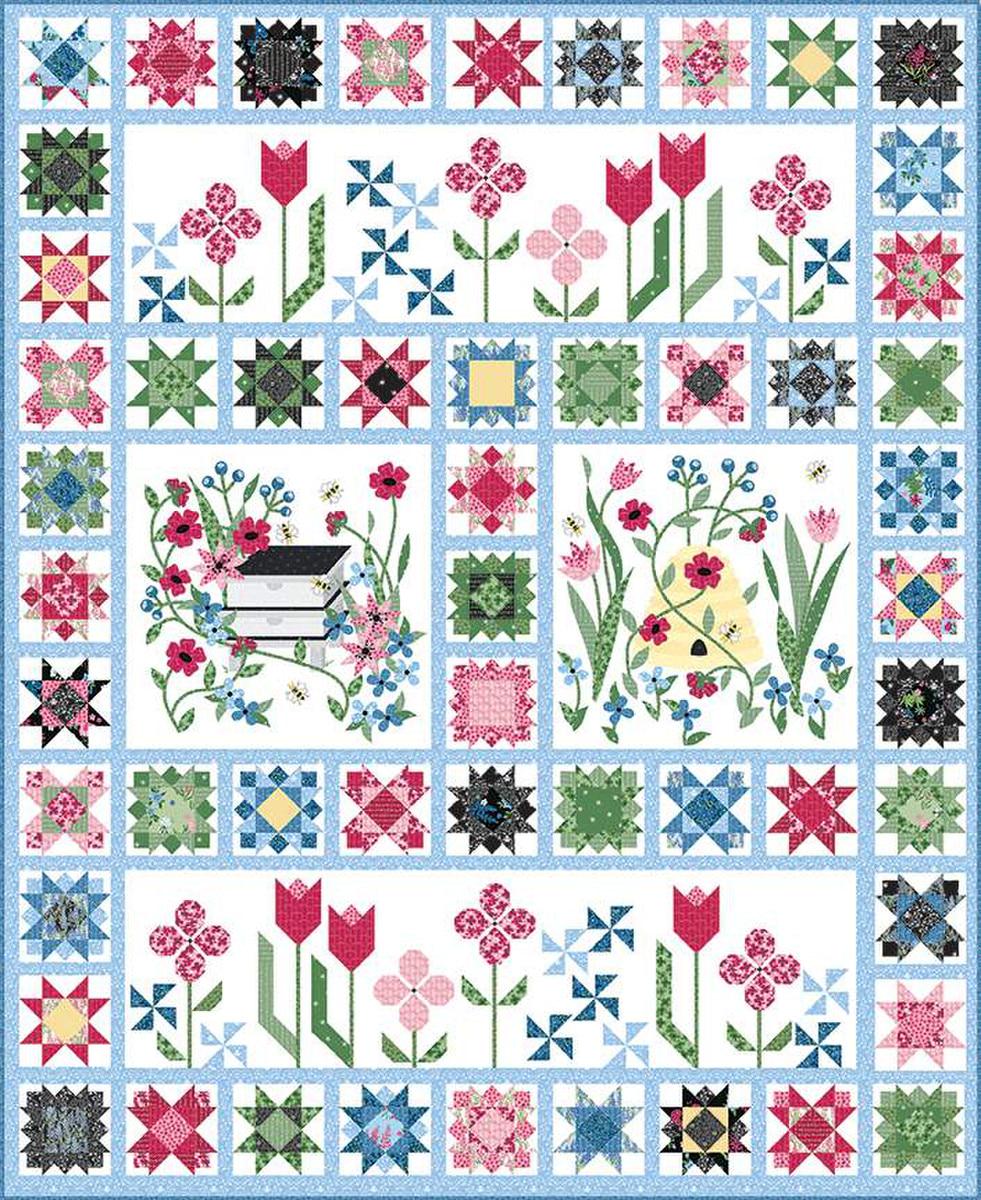Image of the Sewing Bee Sew Along Quilt Pattern by Jillily Studio for Riley Blake Designs. Features a complex floral quilt with blue, pink, and green colors. 
Cute Little Fabric Shop