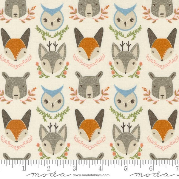 Woodland Wonder Animal Heads Cloud quilting cotton fabric by Gingiber for Moda Fabrics. Features animal heads of owls, bears, and foxes on a cream background. 
Cute Little Fabric Shop