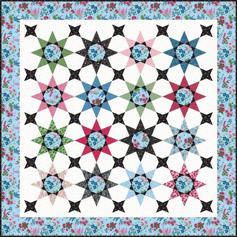 Image of the Splash of Stars Quilt Pattern by Jillily Studio for Riley Blake Designs. Features a star pattern on a white background with a blue border. 
Cute Little Fabric Shop