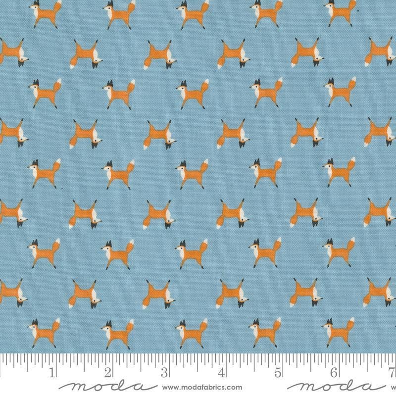 Woodland Wonder Fox Trot Sky quilting cotton fabric by Gingiber for Moda Fabrics. Features small scattered foxes on a blue background. 
Cute Little Fabric Shop