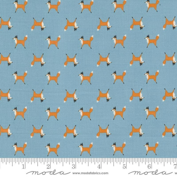 Woodland Wonder Fox Trot Sky quilting cotton fabric by Gingiber for Moda Fabrics. Features small scattered foxes on a blue background. 
Cute Little Fabric Shop