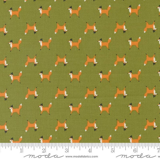 Woodland Wonder Fox Trot Fern quilting cotton fabric by Gingiber for Moda Fabrics. Features small scattered foxes on a green background. 
Cute Little Fabric Shop