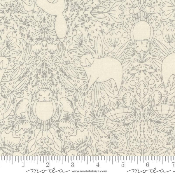 Image of the Woodland Wonder Frolic Cloud quilting cotton fabric by Gingiber for Moda Fabrics. Features outlines of animals and flowers on a cream background. 
Cute Little Fabric Shop