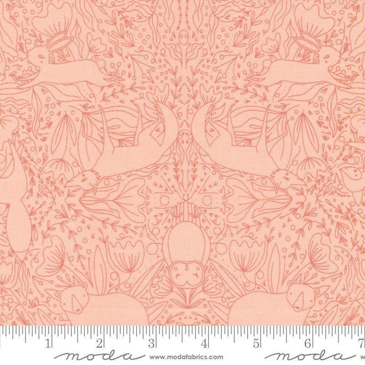 Image of the Woodland Wonder Frolic Blush quilting cotton fabric by Gingiber for Moda Fabrics. Features outlines of animals and flowers on a pink background. 
Cute Little Fabric Shop