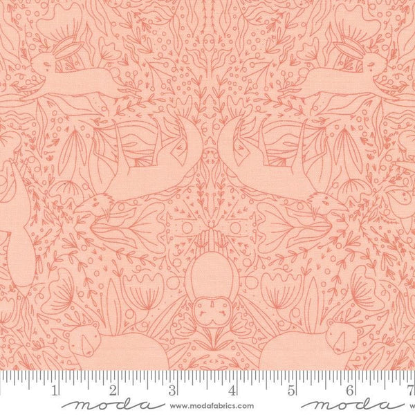 Image of the Woodland Wonder Frolic Blush quilting cotton fabric by Gingiber for Moda Fabrics. Features outlines of animals and flowers on a pink background. 
Cute Little Fabric Shop