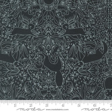Image of the Woodland Wonder Frolic Midnight quilting cotton fabric by Gingiber for Moda Fabrics. Features outlines of animals and flowers on a black background. 
Cute Little Fabric Shop