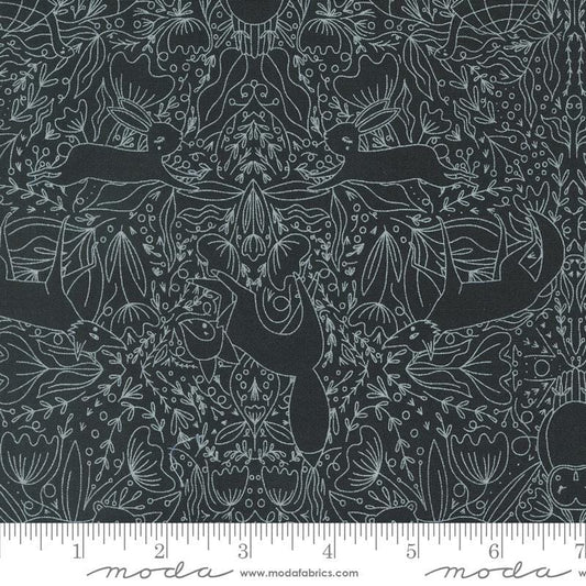 Image of the Woodland Wonder Frolic Midnight quilting cotton fabric by Gingiber for Moda Fabrics. Features outlines of animals and flowers on a black background. 
Cute Little Fabric Shop