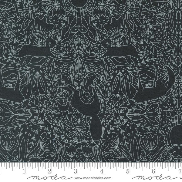 Image of the Woodland Wonder Frolic Midnight quilting cotton fabric by Gingiber for Moda Fabrics. Features outlines of animals and flowers on a black background. 
Cute Little Fabric Shop