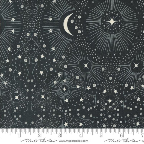 Woodland Wonder Celestial Midnight quilting cotton fabric by Gingiber for Moda Fabrics. Features stars, moons, and constellations on a dark black background. 
Cute Little Fabric Shop