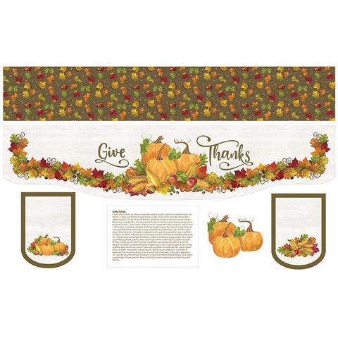 Image of the Mantel Runner of the Month & More Home Decor Panel November by Tara Reed for Riley Blake Designs. Features a runner with pumpkins and Give Thanks on it. 
Cute Little Fabric Shop