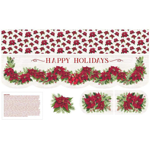 Image of the Mantel Runner of the Month & More Home Decor Panel December by Tara Reed for Riley Blake Designs. Features a runner with red flowers and Happy Holidays on it. 
Cute Little Fabric Shop