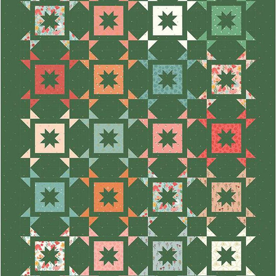 Image of the Wild and Free Quilt Pattern by Amanda Niederhauser for Riley Blake Designs. Features pieced star blocks on a green background. 
Cute Little Fabric Shop