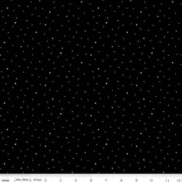 Image of the Wide Back Dapple Dot Black quilting cotton fabric by Riley Blake Designs.Features white dots on a black background. 
Cute Little Fabric Shop