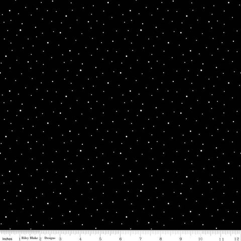 Image of the Wide Back Dapple Dot Black quilting cotton fabric by Riley Blake Designs.Features white dots on a black background. 
Cute Little Fabric Shop