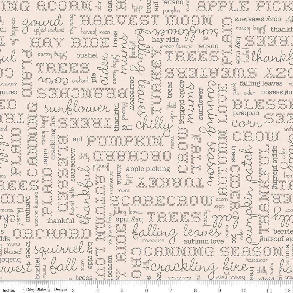 Image of the Wide Back Autumn Words Latte quilting cotton fabric by My Minds Eye for Riley Blake Designs. Features words and text on a tan background.
Cute Little Fabric Shop