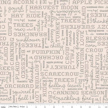 Image of the Wide Back Autumn Words Latte quilting cotton fabric by My Minds Eye for Riley Blake Designs. Features words and text on a tan background.
Cute Little Fabric Shop