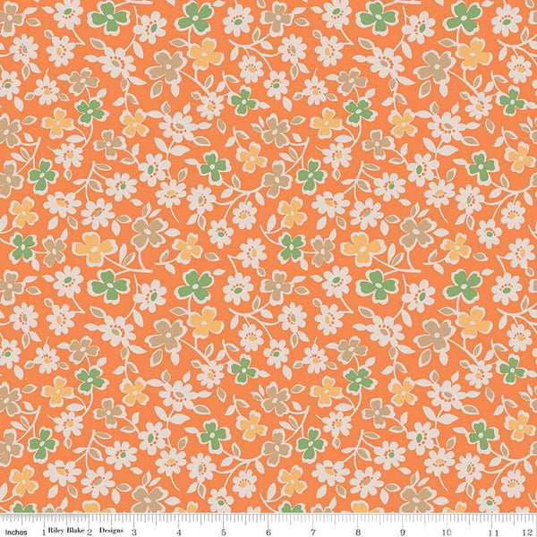 Image of the Wide Back Autumn Cosmos Pumpkin quilting cotton fabric by My Minds Eye for Riley Blake Designs. Features flowers on an orange background.
Cute Little Fabric Shop