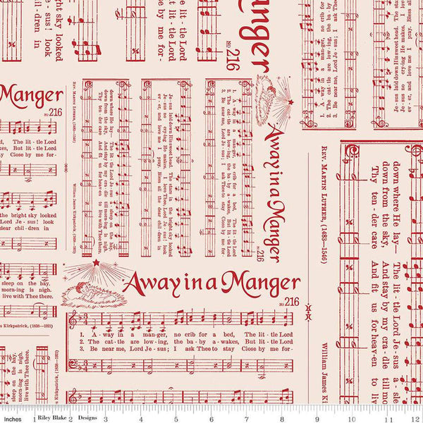 Image of the Home Town Holiday Caroling Schoolhouse quilting cotton wide back fabric by Lori Holt for Riley Blake Designs. Features song lyrics and sheet music on a light pink beige background. 
Cute Little Fabric Shop