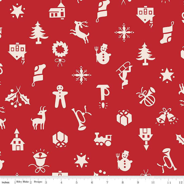 Image of the Home Town Holiday Christmas Schoolhouse quilting cotton wide back fabric by Lori Holt for Riley Blake Designs. Features a damask-type design with flowers and leaves on a red background. 
Cute Little Fabric Shop