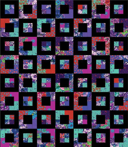 Image of the Four Patch Escape Quilt Pattern by Our Family Patterns for Riley Blake Designs. Features squares on a quilt with bright colors. 
Cute Little Fabric Shop