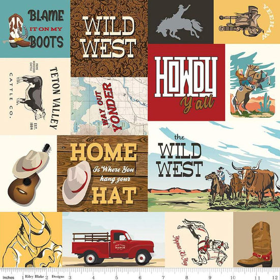 Image of the Cowboys Main Multi quilting cotton fabric by Echo Park Paper Co for Riley Blake Designs. Features a patchwork of western-themed squares on various colored background.
Cute Little Fabric Shop