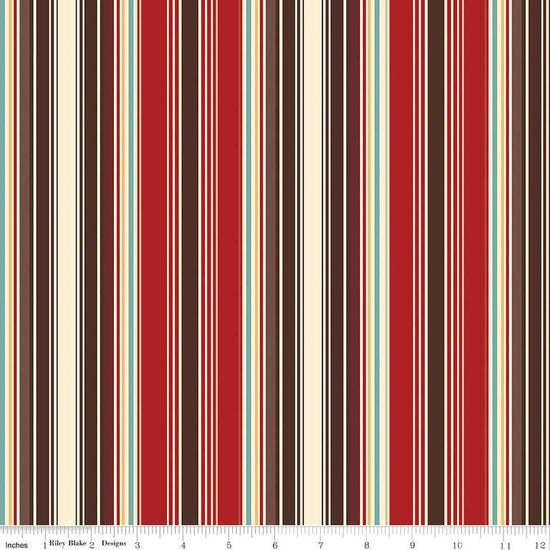 Image of the Cowboys Stripes Barn Red quilting cotton fabric by Echo Park Paper Co for Riley Blake Designs. Features multicolored stripes on a red background.
Cute Little Fabric Shop