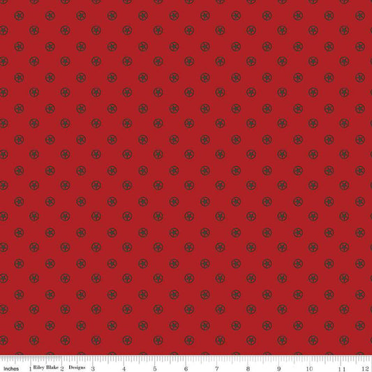 Image of the Cowboys Circle Stars Barn Red quilting cotton fabric by Echo Park Paper Co for Riley Blake Designs. Features circles with stars in the center on a dark red white background.
Cute Little Fabric Shop