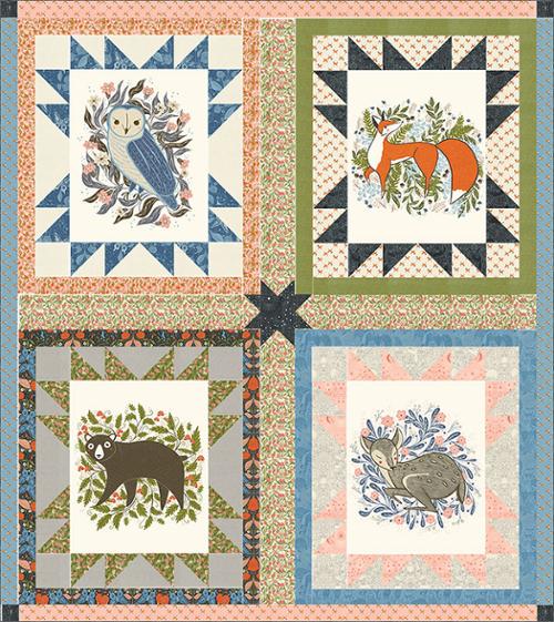 Image of the Frolic in Florals quilt pattern by Gingiber for Moda Fabrics. Features an owl, a fox, a bear, and a deer on various background.
Cute Little Fabric Shop
