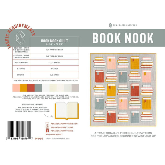 Image of the Book Nook pattern by Pen + Paper Patterns for Riley Blake Designs. Features books on a gray background quilt, and the fabric requirements.
Cute Little Fabric Shop