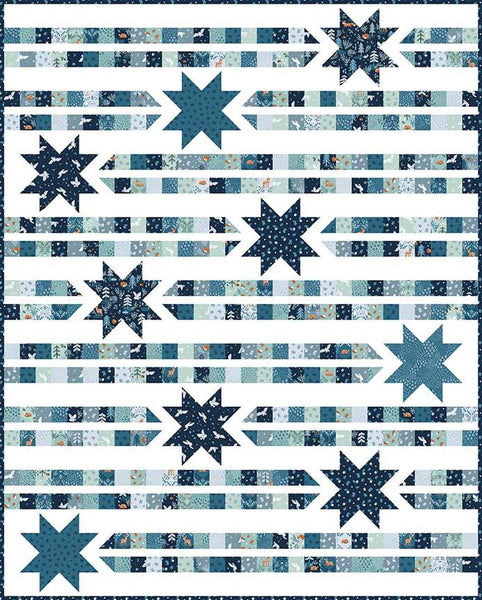 Image of the Star Trails quilt pattern by A Bright Corner for Riley Blake Designs. Features stars and stripes on a white quilt background. 
Cute Little Fabric Shop