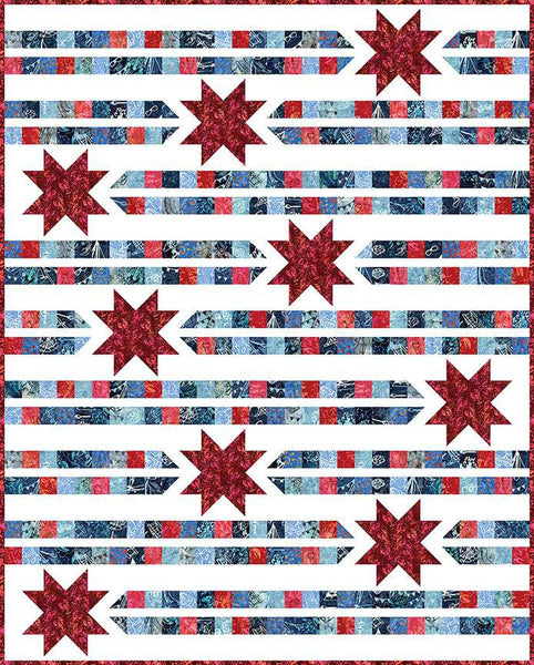 Image of the Star Trails quilt pattern by A Bright Corner for Riley Blake Designs. Features stars and stripes on a white quilt background. 
Cute Little Fabric Shop