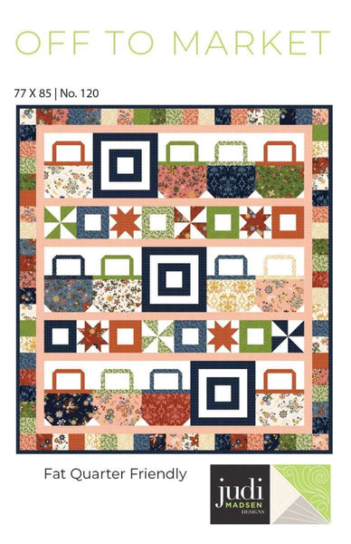 Image of the Off to Market quilt pattern by Judy Madsen for Riley Blake Designs. Features a quilt with baskets and bright colors. 
Cute Little Fabric Shop