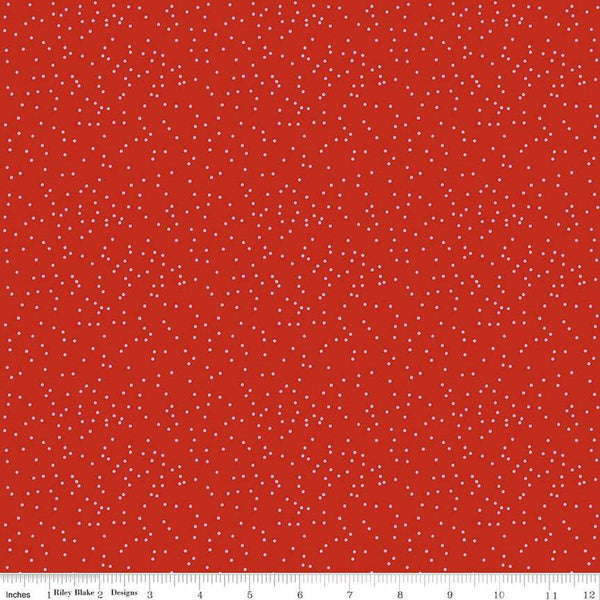 Image of the Botanic Blast Dots Red quilting cotton fabric by Sew Yeah Quilting for Riley Blake Designs. Features small pin dots on a bright red background. 
Cute Little Fabric Shop