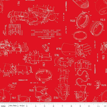 Image of the Outer Space by NASA Spacesuit Patent Red quilting cotton fabric by NASA for Riley Blake Designs. Features the illustrated patent patterns on a red background. 
Cute Little Fabric Shop