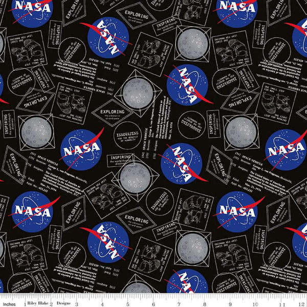 Image of the Outer Space by NASA Moon Boots Black quilting cotton fabric by NASA for Riley Blake Designs. Features the NASA logo and space-themed illustrations and text on a black background. 
Cute Little Fabric Shop