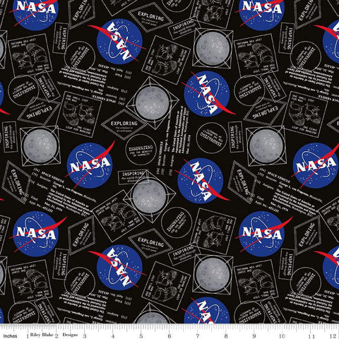 Image of the Outer Space by NASA Moon Boots Black quilting cotton fabric by NASA for Riley Blake Designs. Features the NASA logo and space-themed illustrations and text on a black background. 
Cute Little Fabric Shop