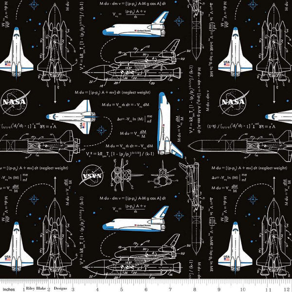 Image of the Outer Space by NASA Rocket Math Black quilting cotton fabric by NASA for Riley Blake Designs. Features the NASA logo and space-themed illustrations, text, and math equations on a black background. 
Cute Little Fabric Shop