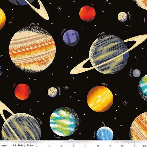 Image of the Outer Space by NASA Main Black quilting cotton fabric by NASA for Riley Blake Designs. Features the illustrated planets on a black background. 
Cute Little Fabric Shop