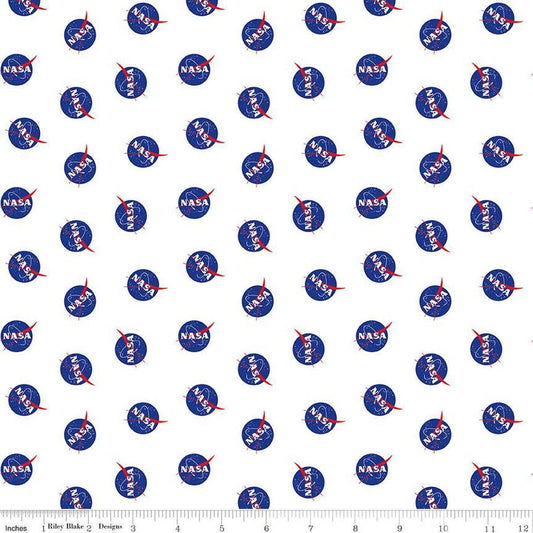 Image of the Outer Space by NASA Logo Toss White quilting cotton fabric by NASA for Riley Blake Designs. Features the NASA Logos on a white background. 
Cute Little Fabric Shop