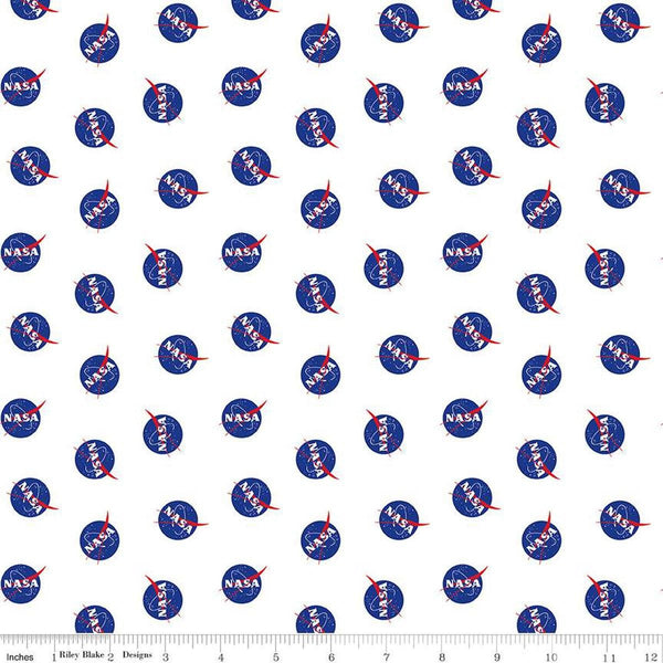 Image of the Outer Space by NASA Logo Toss White quilting cotton fabric by NASA for Riley Blake Designs. Features the NASA Logos on a white background. 
Cute Little Fabric Shop