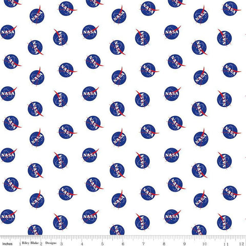 Image of the Outer Space by NASA Logo Toss White quilting cotton fabric by NASA for Riley Blake Designs. Features the NASA Logos on a white background. 
Cute Little Fabric Shop