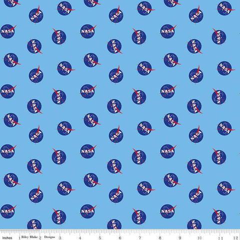 Image of the Outer Space by NASA Logo Toss Sky quilting cotton fabric by NASA for Riley Blake Designs. Features the NASA Logos on a light blue background. 
Cute Little Fabric Shop