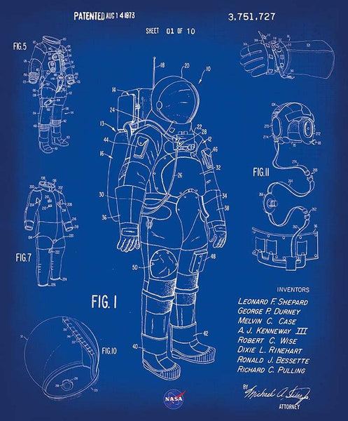 Image of the Outer Space by NASA Spacesuit Panel quilting cotton fabric by NASA for Riley Blake Designs. Features patent astronaut illustrations. 
Cute Little Fabric Shop