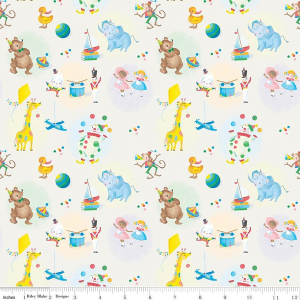 CLEARANCE The Little Engine That Could Toys C9991 Cream - Riley Blake Designs - Dolls Planes Drums Animals  - Quilting Cotton Fabric