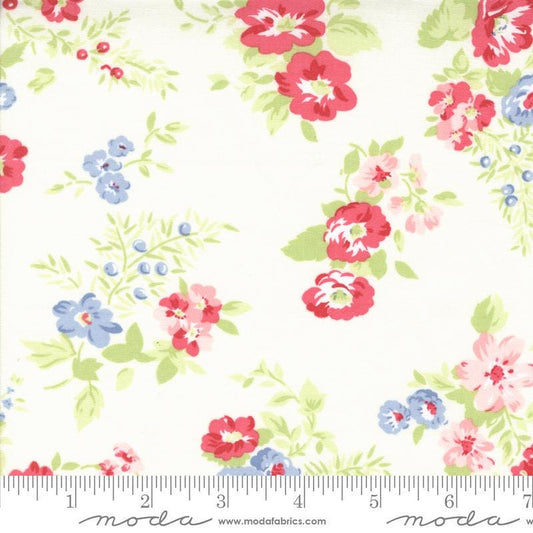 Image of the Hollyhocks Roses Floral Jasmine quilting cotton fabric by Moda Fabrics. Features roses and leaves on a cream background. 
Cute Little Fabric Shop