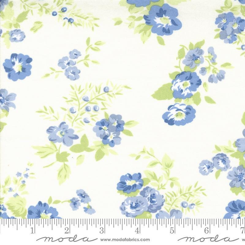 Image of the Hollyhocks Roses Floral Jasmine Sky quilting cotton fabric by Moda Fabrics. Features roses and leaves on a cream background. 
Cute Little Fabric Shop