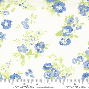Image of the Hollyhocks Roses Floral Jasmine Sky quilting cotton fabric by Moda Fabrics. Features roses and leaves on a cream background. 
Cute Little Fabric Shop