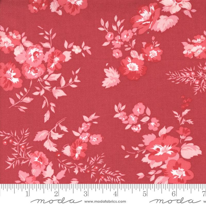 Image of the Hollyhocks Roses Floral Geranium Red quilting cotton fabric by Moda Fabrics. Features roses and leaves on a red background. 
Cute Little Fabric Shop